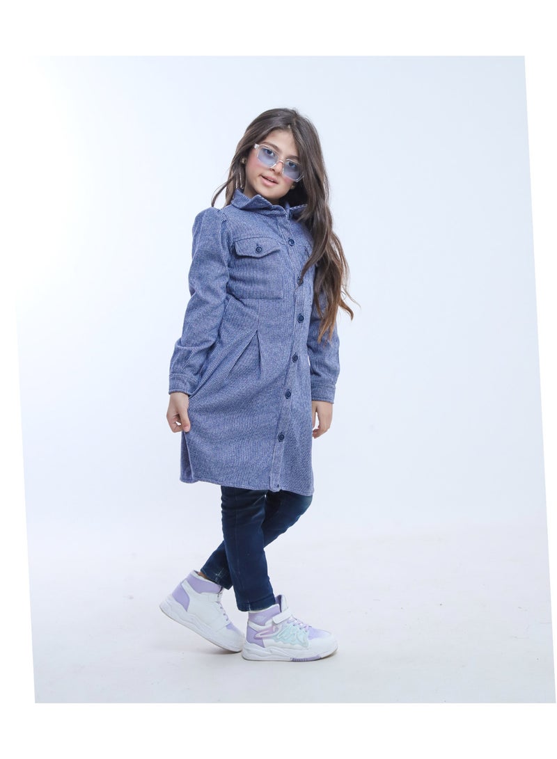 بيبو فستان بناتي سادة قصير أكمام طويلة_ازرق - Image 2